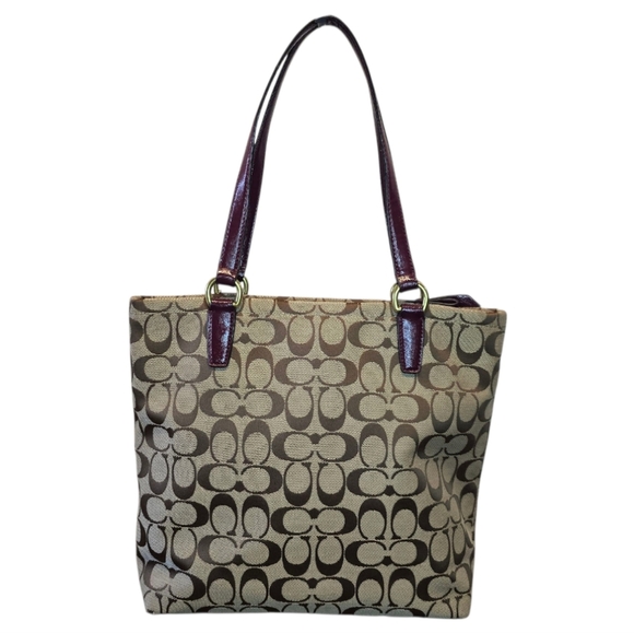 Coach Khaki Signature Canvas Burgundy Stripe Tote Shoulder Bag - Picture 2 of 10